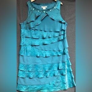 Romans 24 round neck, turquoise, teal chiffon dress with ruffles